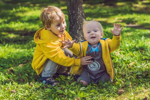 Twee gelukkige broers in gele sweatshirts — Stockfoto