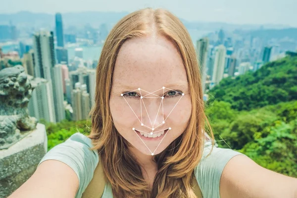 Rozpoznávání Tváří Polygonální Sítě Vytvořen Body Biometrické Ověření — Stock fotografie