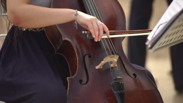 チェロ プレーヤーのチェリストの演奏チェロ 楽器と女性 Violoncellist — ストック動画