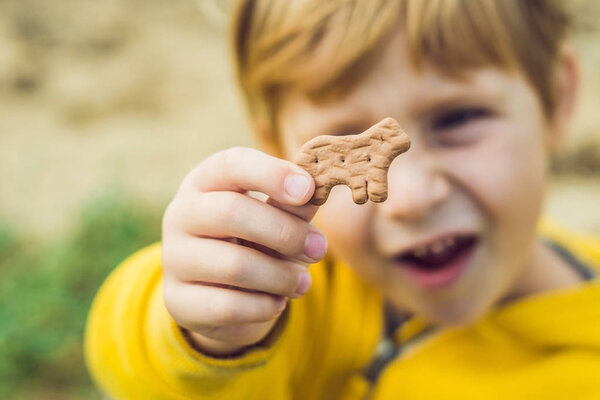Child Eating Cookie On The Nature Background