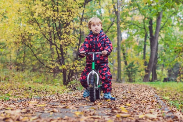 Маленький мальчик веселится на велосипеде — стоковое фото