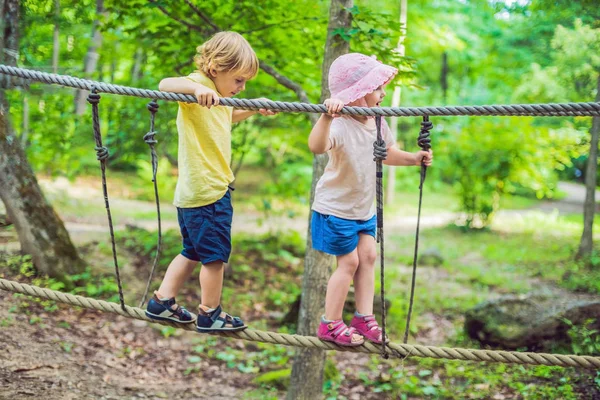 Portrait of cute little boy and girl walk on a rope bridge in an — Stock Photo, Image
