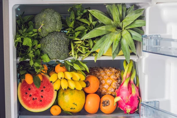 Opened Refrigerator Full Vegetarian Healthy Food Vibrant Colour Vegetables Fruits — Stock Photo, Image