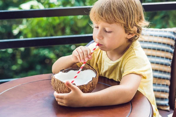 Bambino Beve Latte Cocco Fatto Casa Una Metà Cocco — Foto Stock