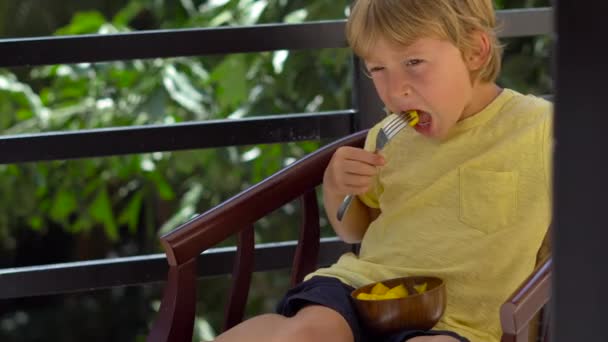 Маленький милый мальчик ест манго — стоковое видео