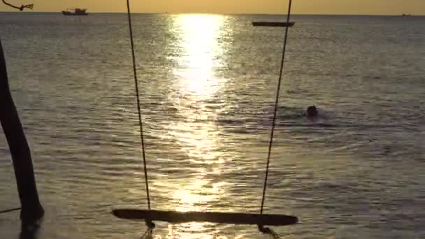 在日落的热带海滩上荡秋千 从海滩上的树上悬挂的木质秋千 — 图库视频影像