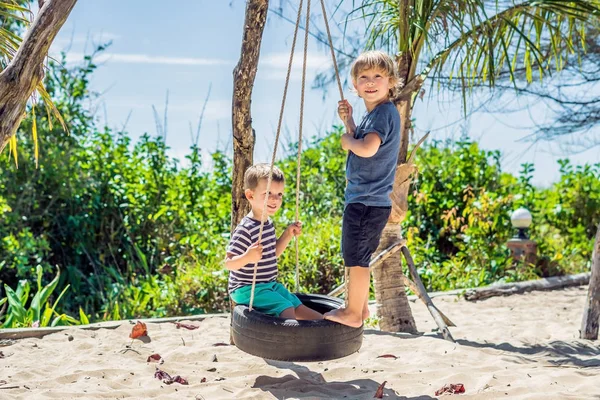 Due Piccoli Ragazzi Biondi Che Divertono Sull Altalena Sulla Costa — Foto Stock