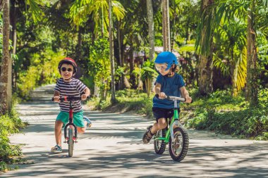 İki küçük çocuklar çocuklar eğleniyor denge bisiklet üzerinde bir ülke tropikal yolda.