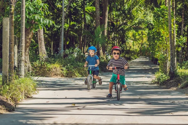 Δύο Μικρά Παιδιά Αγόρια Διασκεδάζοντας Ισορροπία Ποδήλατο Ένα Δρόμο Τροπική — Φωτογραφία Αρχείου