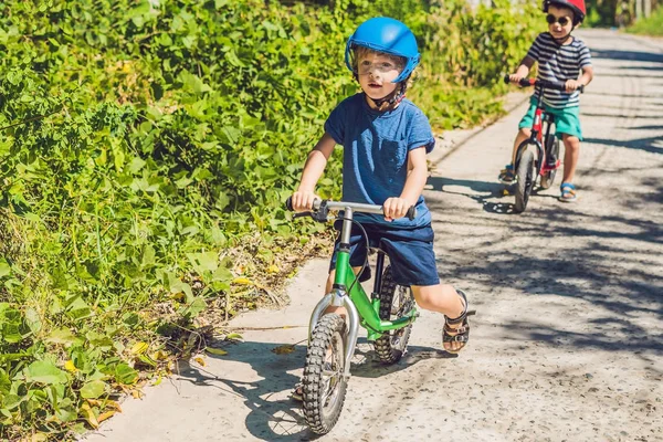 Двое Маленьких Мальчиков Веселятся Велосипеде Balance Bike Тропической Дороге — стоковое фото