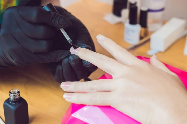 Closeup Finger Nail Care Manicure Specialist Beauty Salon Manicurist Paints — Stock Photo, Image