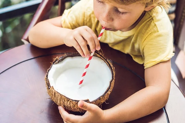 Μικρό Αγόρι Σπιτικό Γάλα Καρύδας Ποτά Από Μισό Καρύδας — Φωτογραφία Αρχείου