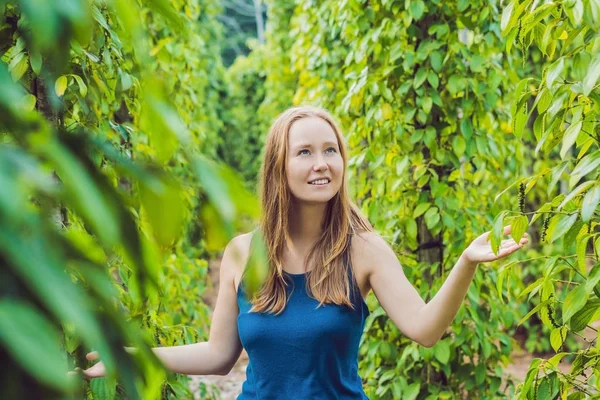 Młoda Kobieta Farmie Czarny Pieprz Wietnamie Phu Quoc — Zdjęcie stockowe