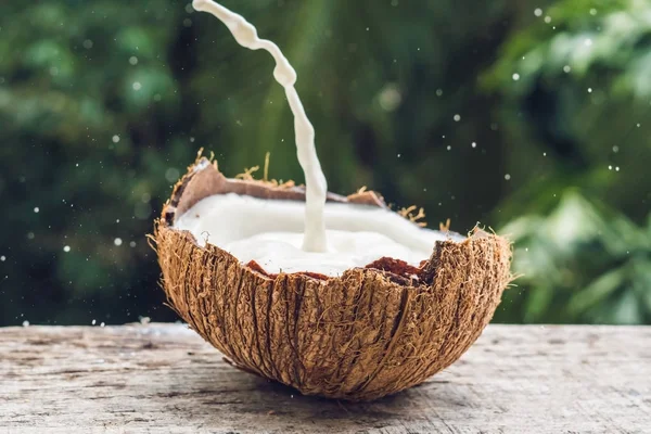 Kokosowe mleko i owoce splash wewnątrz go na tle pal — Zdjęcie stockowe