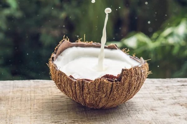Kokosowe mleko i owoce splash wewnątrz go na tle pal — Zdjęcie stockowe