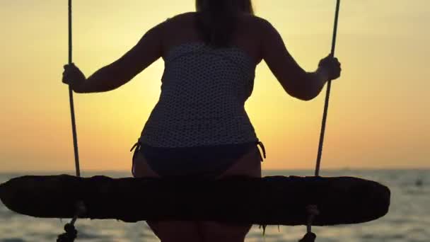 Donna felice che oscilla su un'altalena di corda con un paradiso tropicale sullo sfondo — Video Stock