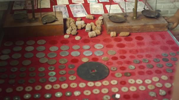 No museu de história natural - moedas chinesas-vietnamitas antigas e notas — Vídeo de Stock