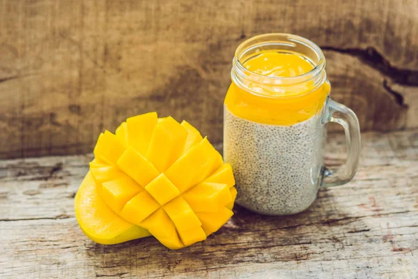 Chia Seed Pudding Almond Milk Fresh Mango Topping Wooden Table — Stock Photo, Image