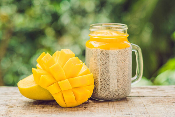 Chia Seed Pudding Almond Milk Fresh Mango Topping Wooden Table — Stock Photo, Image