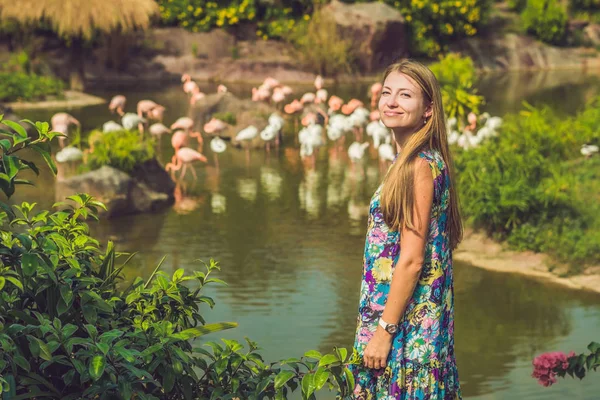 Młoda Kobieta Stwarzających Zewnątrz Stada Flamingów Tle Staw — Zdjęcie stockowe