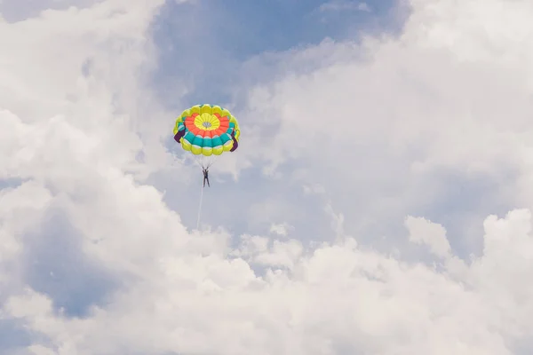 Young Woman Flies Parachute Clouds — Stock Photo, Image