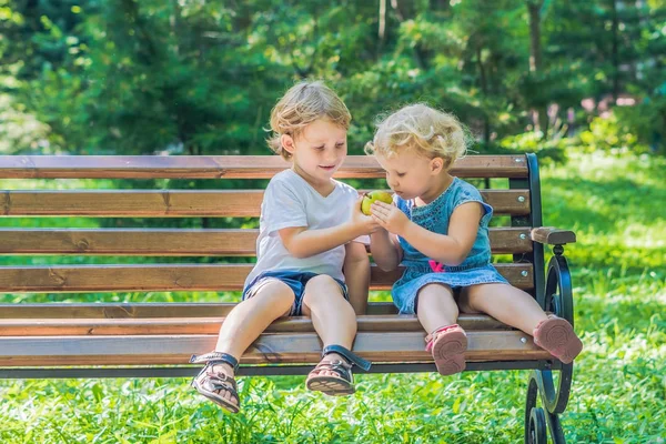 幼児の男の子と女の子の海沿いのベンチに座ってリンゴを食べると — ストック写真