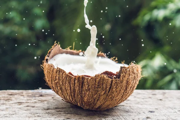 Frutta di cocco e spruzzi di latte al suo interno su uno sfondo di una palma — Foto Stock