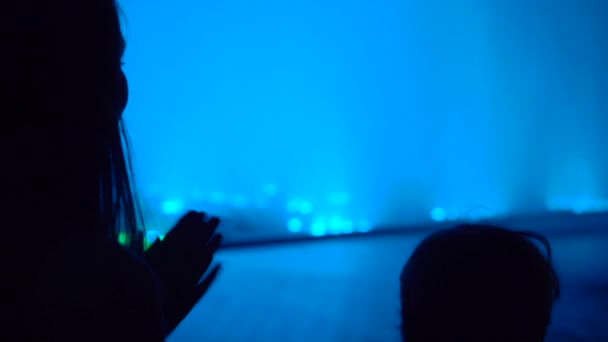 Mother and son watch a colorfull dancing fountain show. Woman applauds — Stock Video