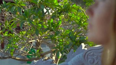 Steadycam atış bir Budist tapınağı içinde yürüyen genç bir kadın. Ho Quoc Pagoda Phu Quoc Adası, Vietnam