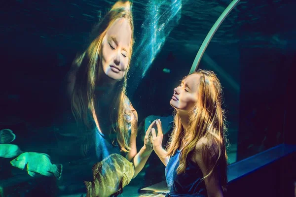 Genç Kadın Bir Tünel Akvaryum Balık Bakarak — Stok fotoğraf