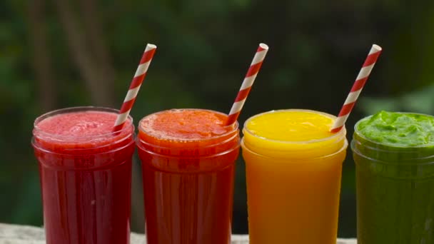 Rainbow Smoothies Smoothies Juices Beverages Drinks Variety Fresh Fruits Wooden — Stock Video