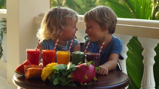 Děti pít pestré zdravé smoothie. Vodní meloun, papája, mango, špenát a dračí ovoce. Koktejly, džusy, nápoje, nápoje odrůdy s čerstvým ovocem na dřevěný stůl.