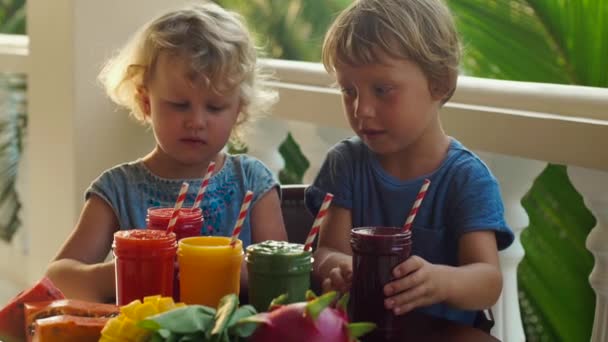 Les Enfants Boivent Des Smoothies Sains Colorés Pastèque Papaye Mangue — Video