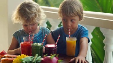Çocuk renkli sağlıklı smoothies iç. Karpuz, papaya, mango, ıspanak ve dragon meyve. Smoothies, meyve suları, meyve suyu, içecekler, içecekler çeşitli taze meyve ile ahşap bir masaya.