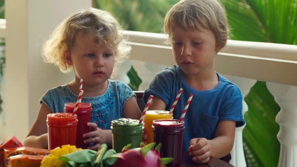 Παιδιά Πίνουν Πολύχρωμο Υγιεινά Smoothies Καρπούζι Παπάγια Μάνγκο Σπανάκι Και — Αρχείο Βίντεο