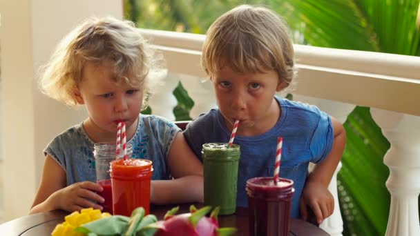 Děti pít pestré zdravé smoothie. Vodní meloun, papája, mango, špenát a dračí ovoce. Koktejly, džusy, nápoje, nápoje odrůdy s čerstvým ovocem na dřevěný stůl.