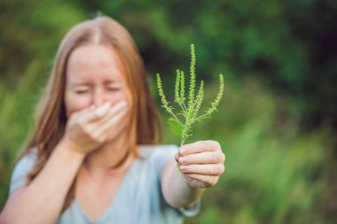 Genç kadın hapşırma ragweed alerjisi nedeniyle.