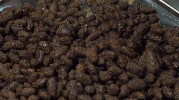 Bunch of Fryed cocoa beans in glaze on a metal plate — Stock Video