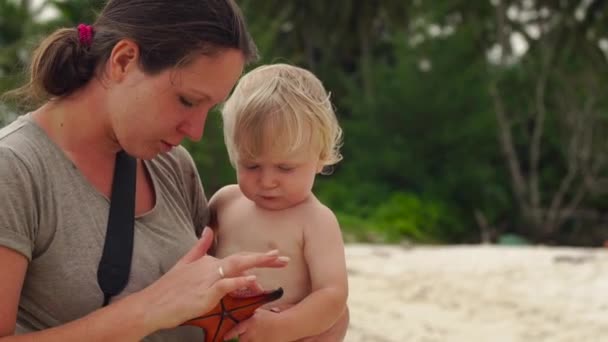 Zeitlupenaufnahme einer Frau und ihres kleinen Sohnes beim Spielen mit roten Seesternen am Strand — Stockvideo