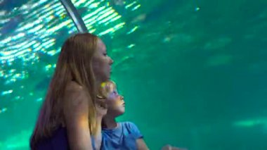 Aile bir oceanarium ziyaret etti. Kadın ve oğlu balıklar arıyorsunuz bir akvaryum boru içinde yürüyüş