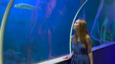 Steadycam atış Yukarıdan gelen bir arka plan ışık hüzmesi ile balıklar arıyorum bir akvaryum boru içinde genç kadın yürüyüş