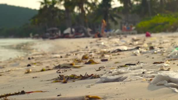 Slowmotion Steadycam Skott Strand Med Fin Vit Sand Täckta Med — Stockvideo