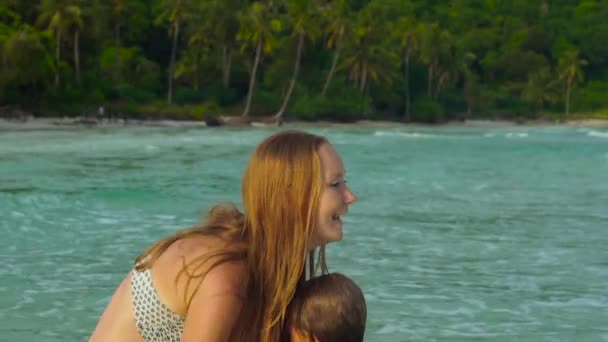 Slowmotion Shot Young Beautiful Woman Her Son Having Fun Beach — Stock Video