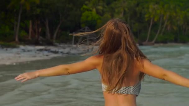 Bir Plaj Deniz Eğleniyor Güzel Genç Bir Kadın Görüntüsünü Slowmotion — Stok video