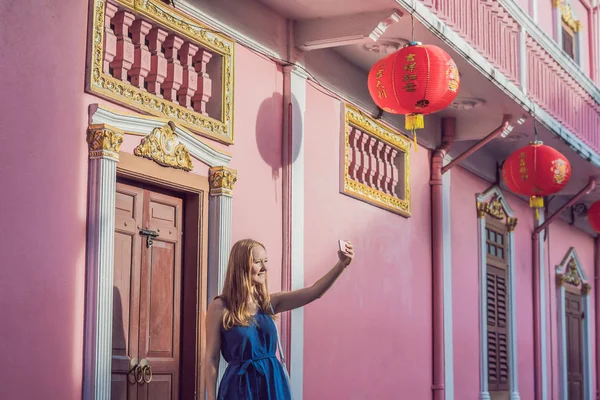 Woman Tourist Street Portugese Style Romani Phuket Town Also Called — Stock Photo, Image