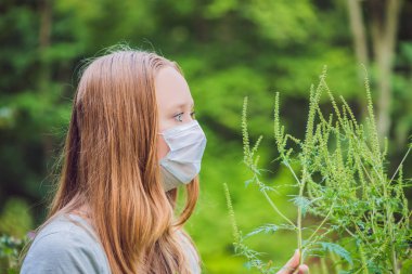Tıbbi maske ragweed alerjisi nedeniyle genç kadın.