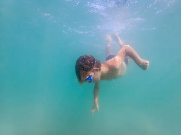 Child Boy Swimming Underwater Pool — Stock Photo, Image