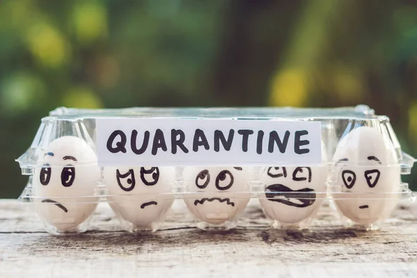 Eggs Funny Faces Paper Box Word Quarantine — Stock Photo, Image