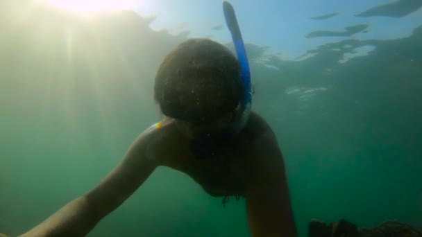 UltraHD slowmotion podvodní záběr muže, šnorchlování v moři u ostrova troical — Stock video