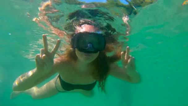 Slowmotion tiro de uma jovem mulher snorkeling e se divertindo em um mar — Vídeo de Stock